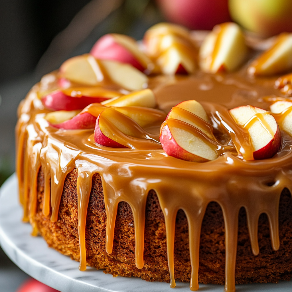 Apple cake with caramel icing on a wooden plate with apples beside it